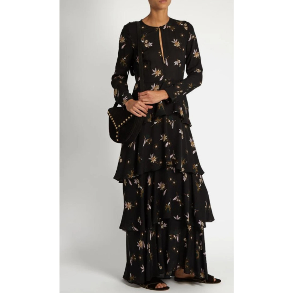 A.L.C. Christianne Women's Black Floral Tiered Silk Maxi Long Sleeve Dress-Sz 4